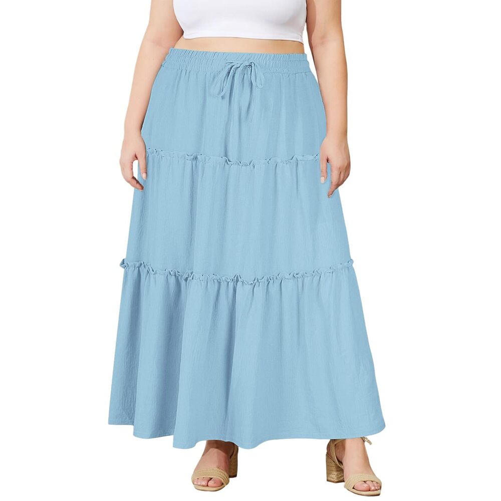 5141 Plus Size Maxi Skirt High Waisted Pleated A Line Flowy Tiered Long